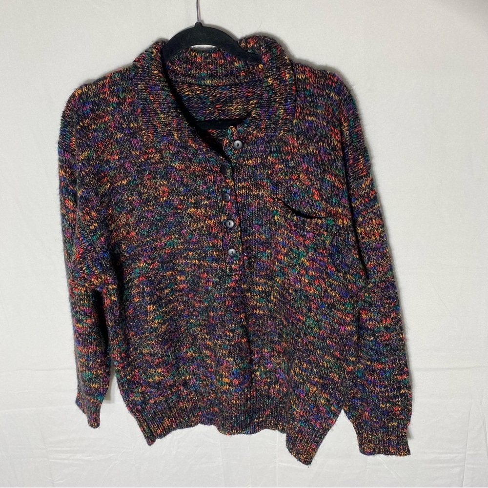 Vintage Black Rainbow Multicolour Knit Pullover Half Button Up Sweater L